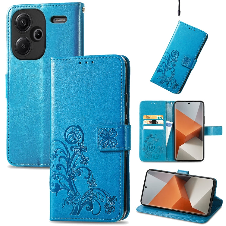 Blue embossed leather wallet phone case with four-leaf clasp and card slots