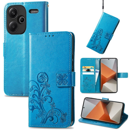 Blue embossed leather wallet phone case with four-leaf clasp and card slots