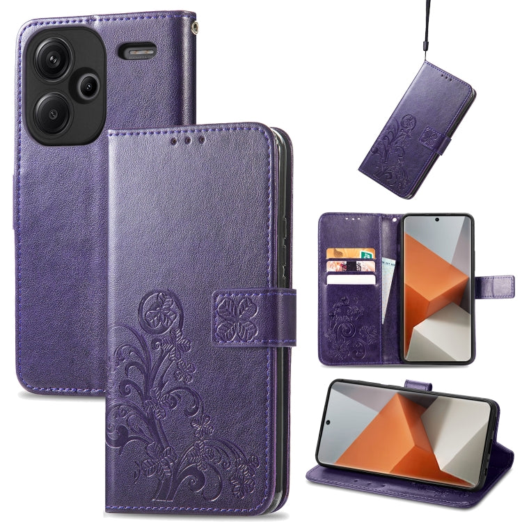 Purple embossed leather wallet phone case with four-leaf clasp and card slots