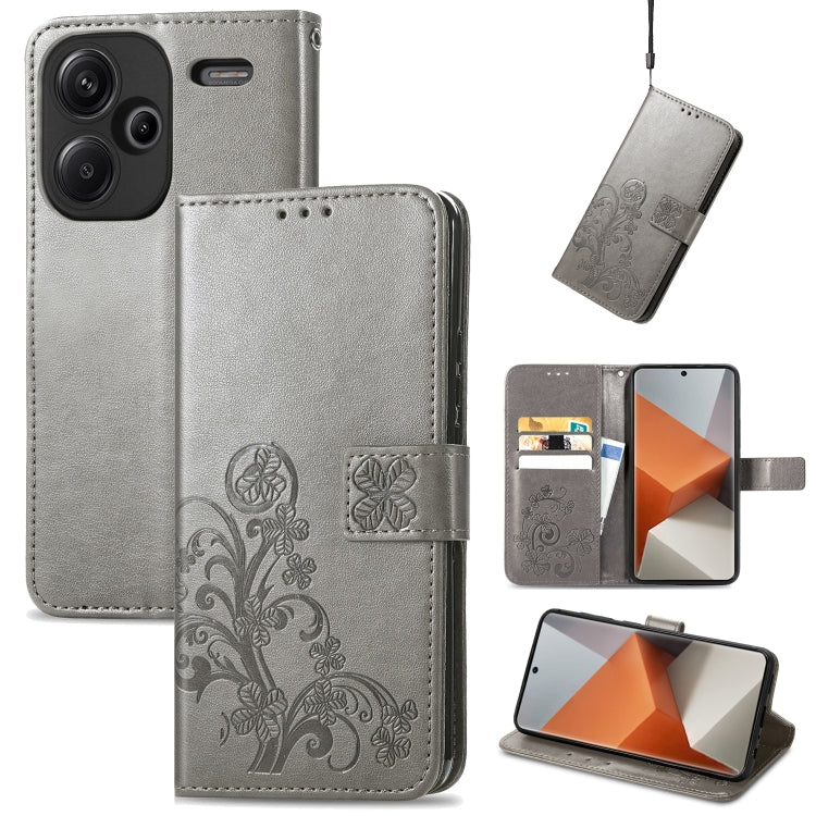 Gray embossed leather wallet phone case with four-leaf clasp and card slots