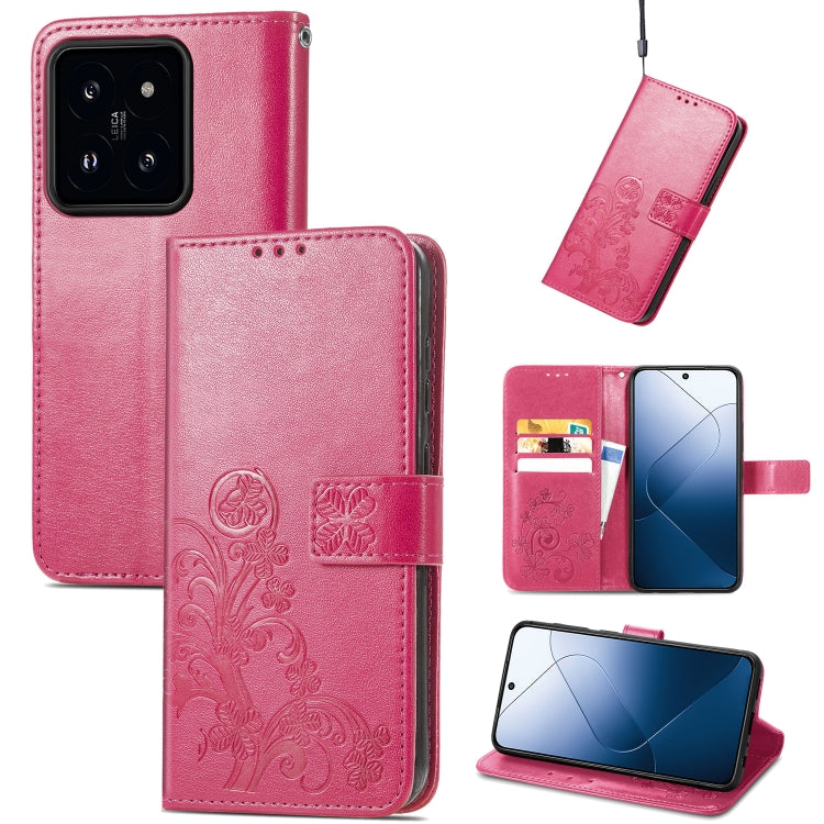 Four-leaf embossed leather wallet phone case in pink with magnetic clasp and floral pattern.