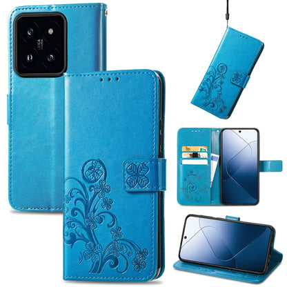 Blue four-leaf embossed leather wallet phone case with magnetic clasp and embossed floral details.