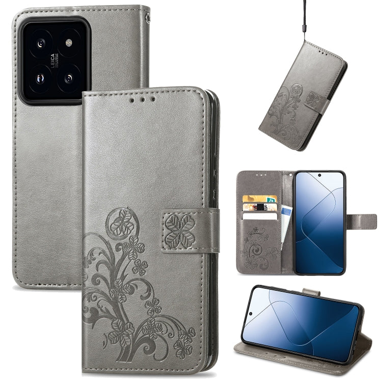 Gray four-leaf embossed leather wallet phone case with magnetic clasp and embossed floral details.