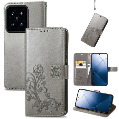 Gray four-leaf embossed leather wallet phone case with magnetic clasp and embossed floral details.