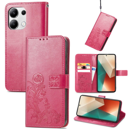 Magenta embossed leather phone wallet case with flip cover and four-leaf design