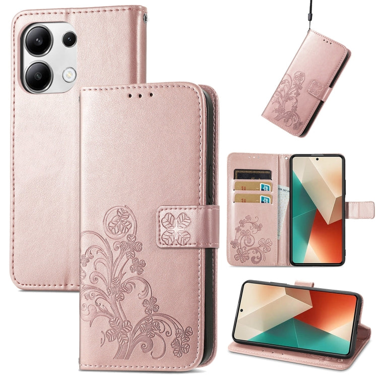 Rose gold embossed leather phone wallet case with flip cover and four-leaf design
