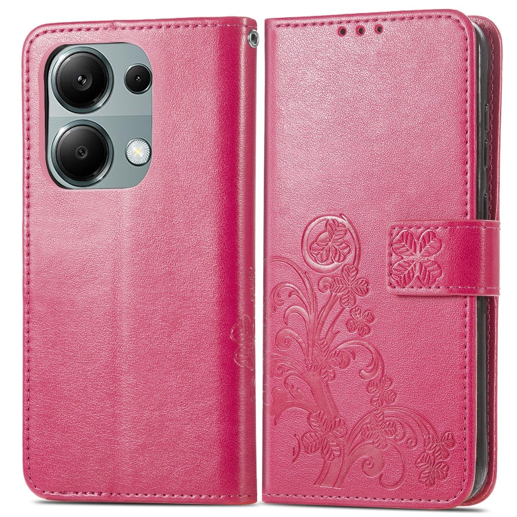 Magenta embossed leather phone wallet case with flip cover and four-leaf pattern