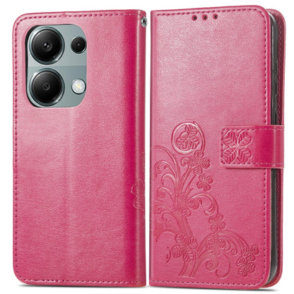Magenta embossed leather phone wallet case with flip cover and four-leaf pattern