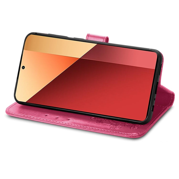 Magenta embossed leather phone wallet case with flip cover and four-leaf pattern