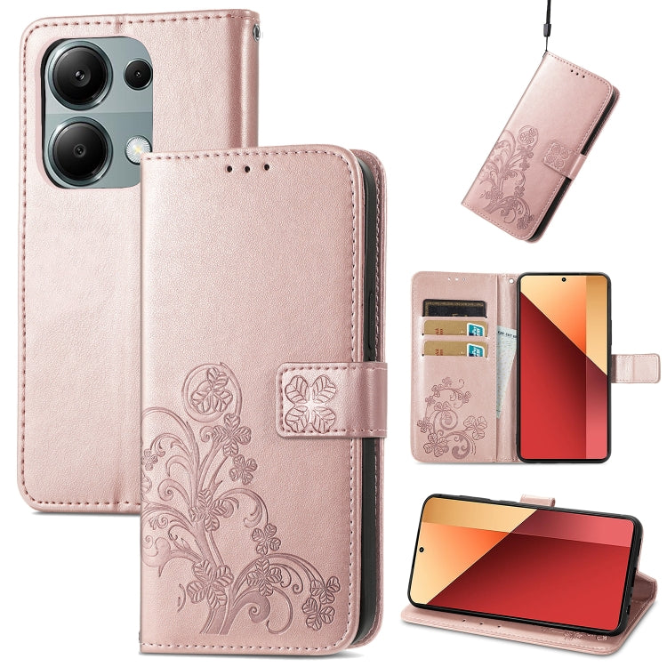 Rose gold embossed leather phone wallet case with flip cover and four-leaf design