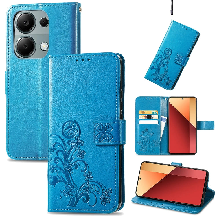 Blue embossed leather phone wallet case with flip cover and four-leaf design