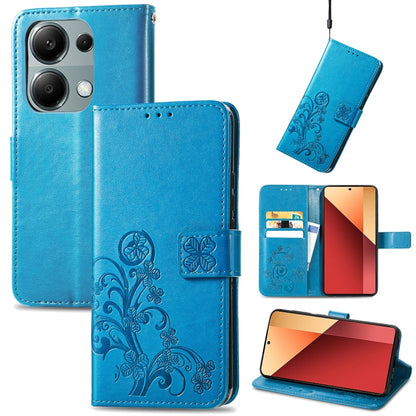 Blue embossed leather phone wallet case with flip cover and four-leaf design