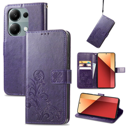 Purple embossed leather phone wallet case with flip cover and four-leaf design