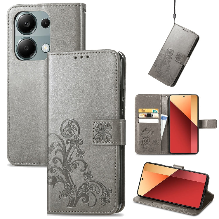 Gray embossed leather phone wallet case with flip cover and four-leaf design