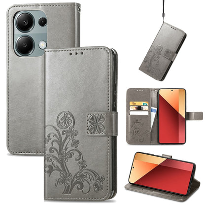 Gray embossed leather phone wallet case with flip cover and four-leaf design