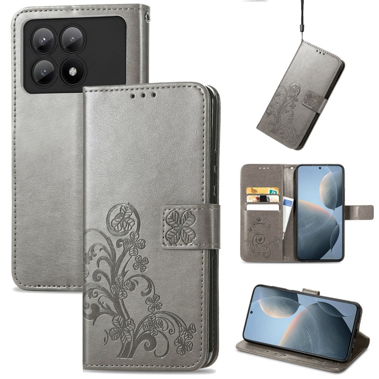 Embossed leather phone case with magnetic clasp, light gray folio with card slots