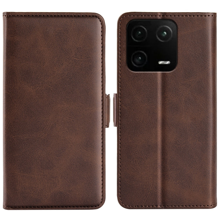 Brown leather phone case with dual-side magnetic clasp and camera cutout for Xiaomi 13 Pro