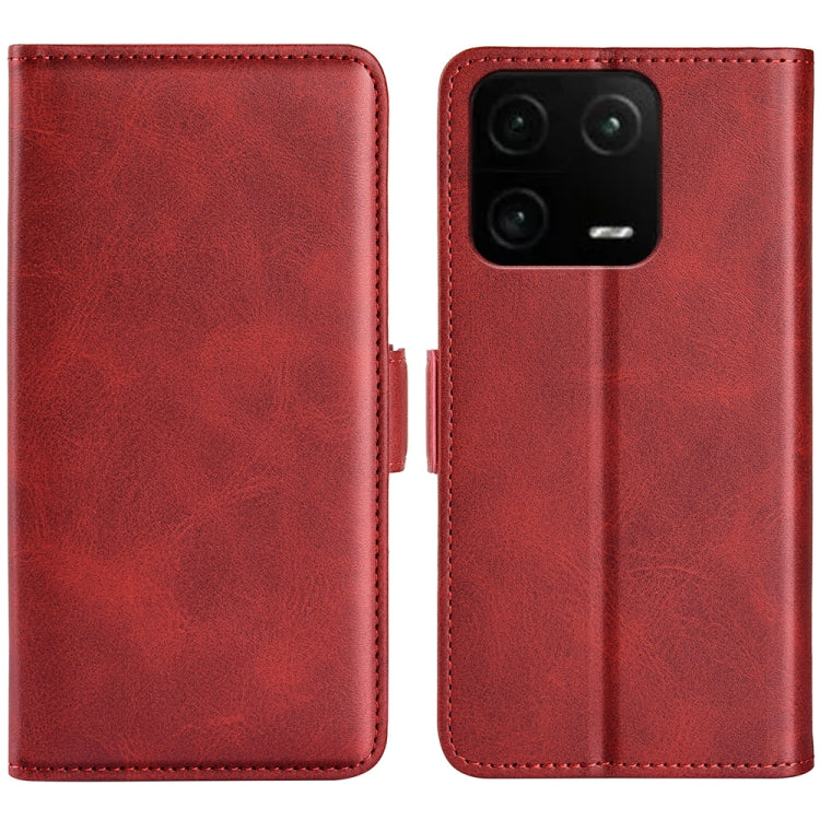 Red leather phone case with dual-side magnetic clasp and camera cutout for Xiaomi 13 Pro