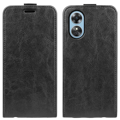 Black vertical flip leather phone case for OPPO A17 with textured finish and camera cutout