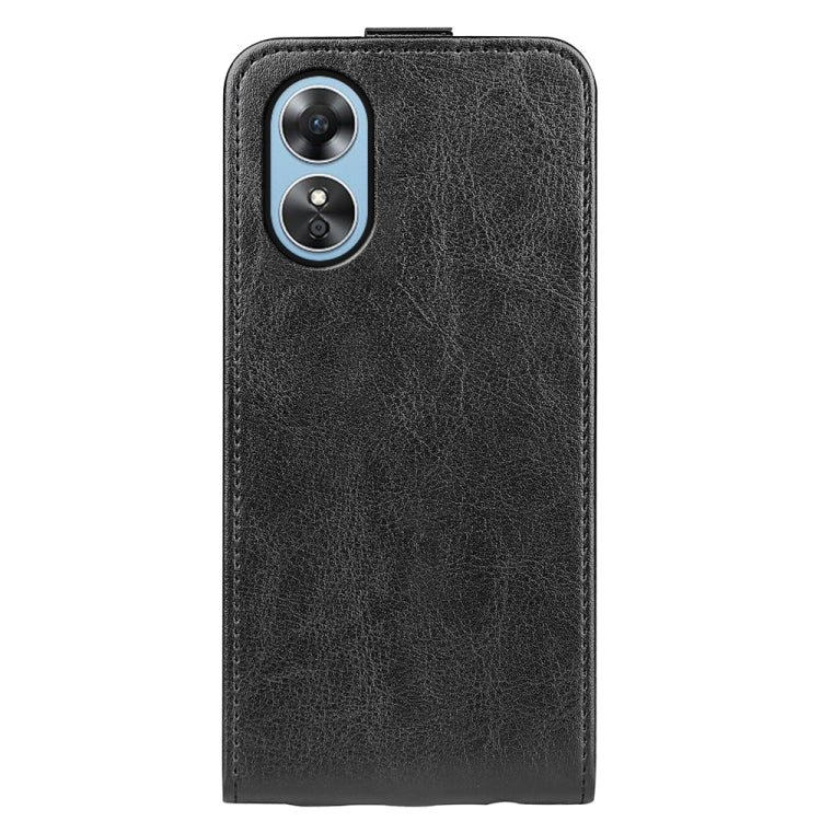 Black vertical flip leather phone case for OPPO A17, back view with dual-camera opening