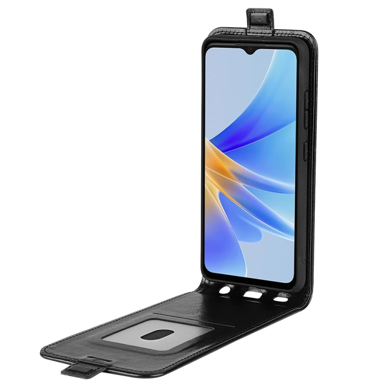 Black vertical flip leather phone case for OPPO A17 with stand flap and phone screen