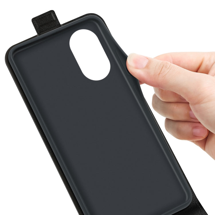 Black vertical flip leather phone case for OPPO A17 with hand-held back cutout