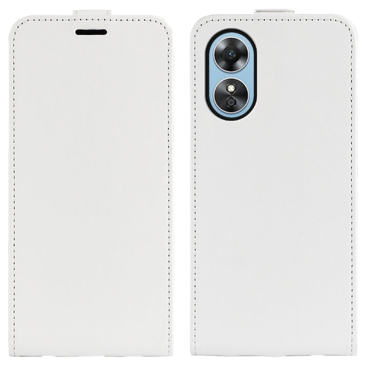 White vertical flip leather phone case for OPPO A17, front and back with camera opening