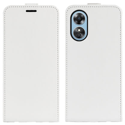 White vertical flip leather phone case for OPPO A17, front and back with camera opening