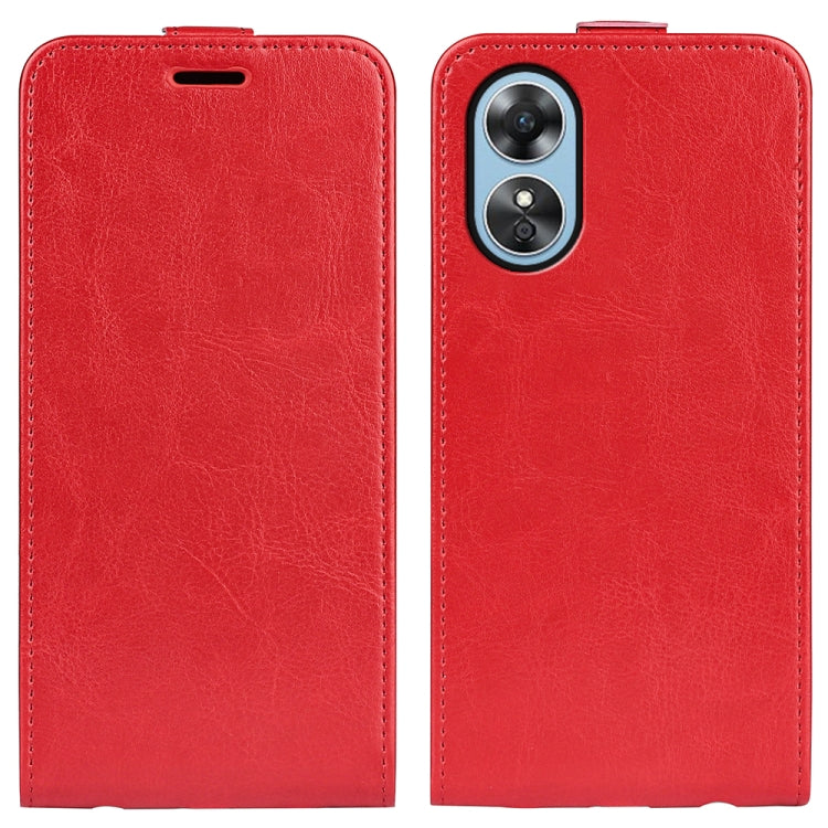 Red vertical flip leather phone case for OPPO A17, front and back with camera opening