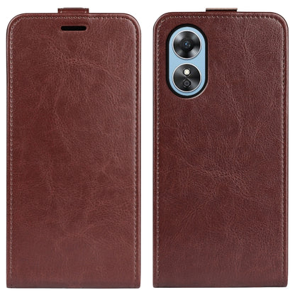 Brown vertical flip leather phone case for OPPO A17, front and back with camera opening