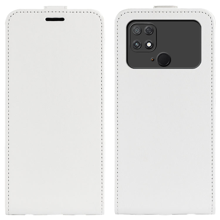 White textured vertical flip leather phone case front and back with camera opening