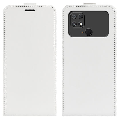 White textured vertical flip leather phone case front and back with camera opening