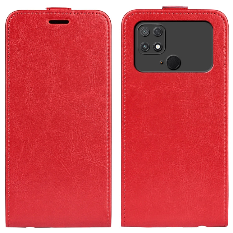 Red textured vertical flip leather phone case front and back with camera cutout