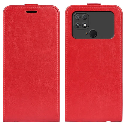 Red textured vertical flip leather phone case front and back with camera cutout