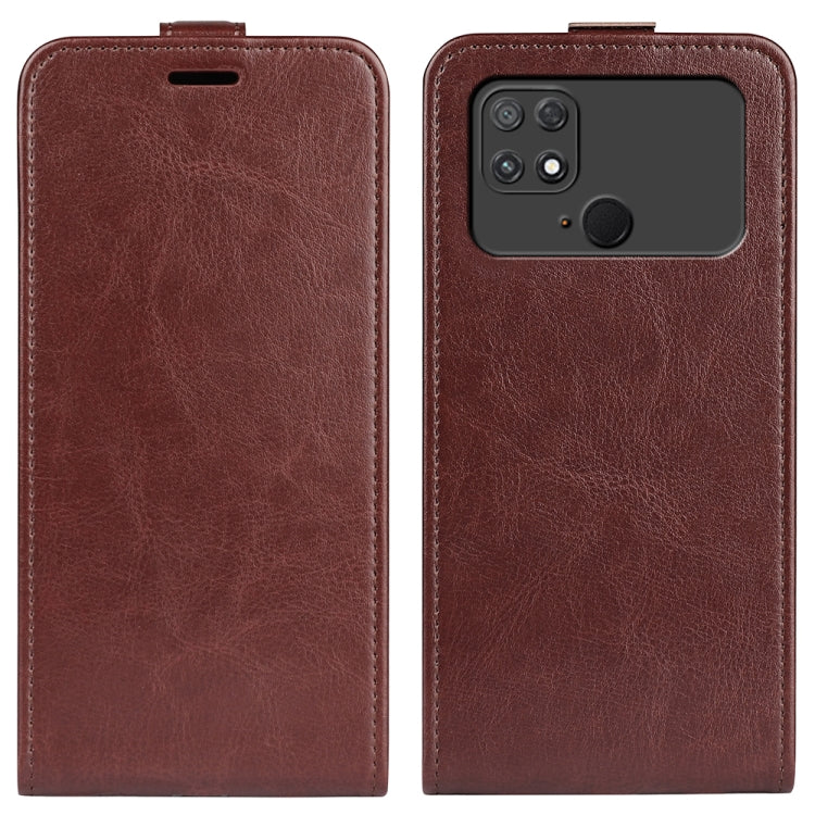Brown textured vertical flip leather phone case front and back with camera opening