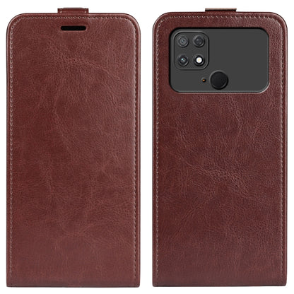 Brown textured vertical flip leather phone case front and back with camera opening