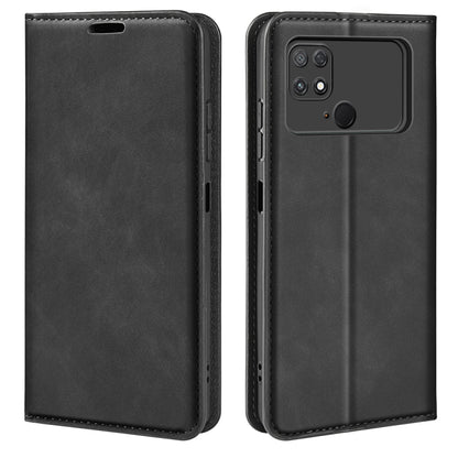Black flip-leather phone case with stitched edges and camera cutout, for Poco C40