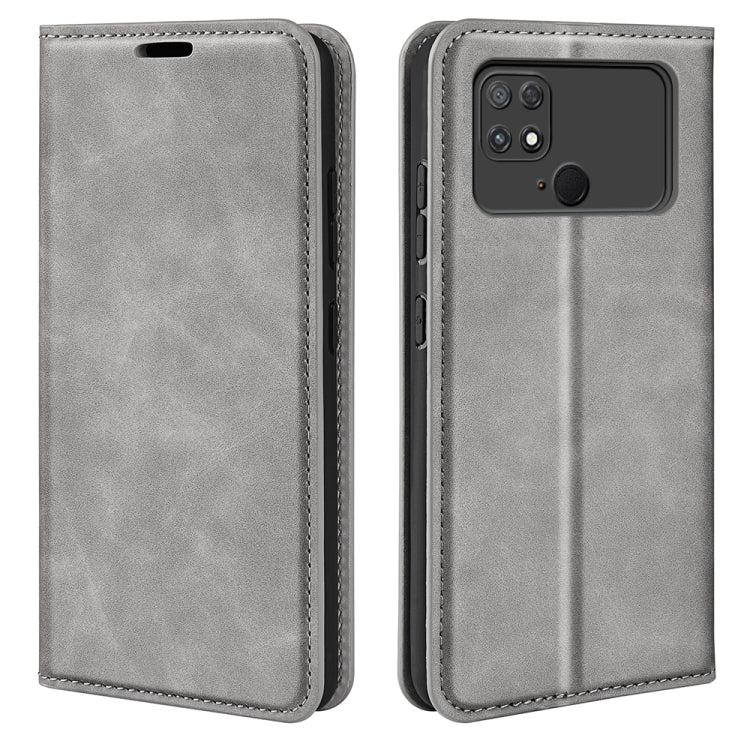 Grey flip-leather phone case with stitched edges and camera cutout, for Poco C40