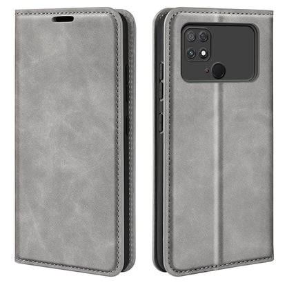 Grey flip-leather phone case with stitched edges and camera cutout, for Poco C40