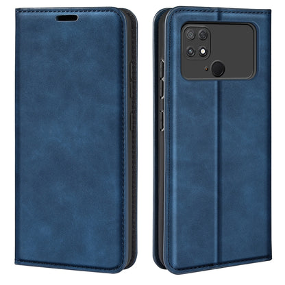 Dark blue flip-leather phone case with stitched edges and camera cutout