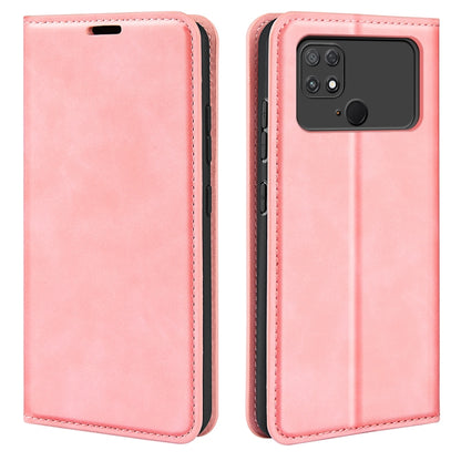 Pink flip-leather phone case with stitched edges and camera cutout