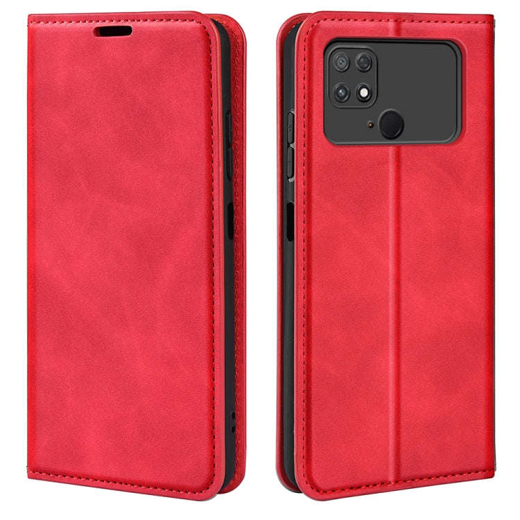 Red flip-leather phone case with stitched edges and camera cutout