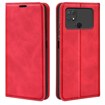 Red flip-leather phone case with stitched edges and camera cutout