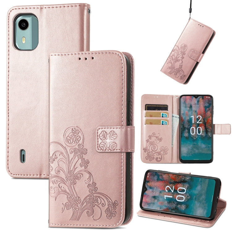 Four-leaf Clasp Embossed Buckle Leather Phone Case, For Nokia C12, For Nokia G22