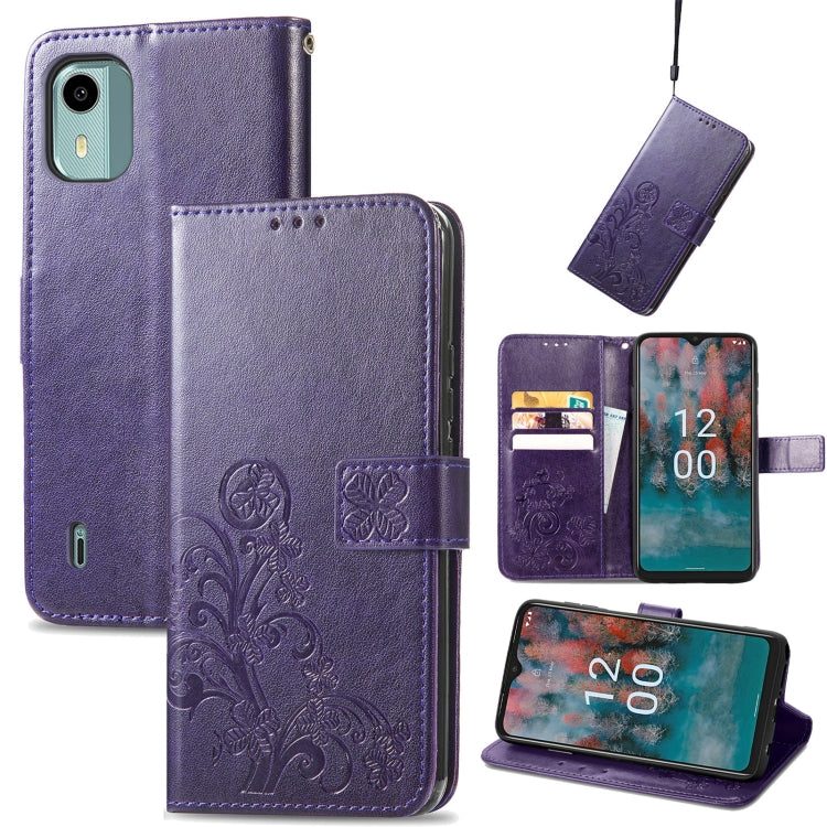 Four-leaf Clasp Embossed Buckle Leather Phone Case, For Nokia C12, For Nokia G22