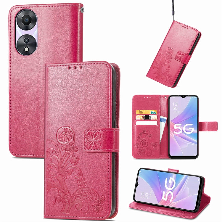 Embossed leather phone case with four-leaf clasp buckle, magenta, card slots, flip cover