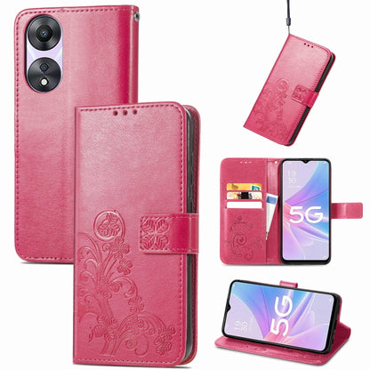 Embossed leather phone case with four-leaf clasp buckle, magenta, card slots, flip cover