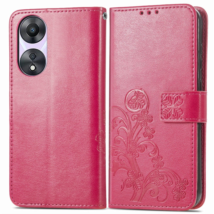 Magenta leather folio phone case with embossed floral pattern and clasp buckle, front cover view