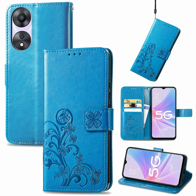 Embossed leather phone case with four-leaf clasp buckle, blue, card slots, flip cover