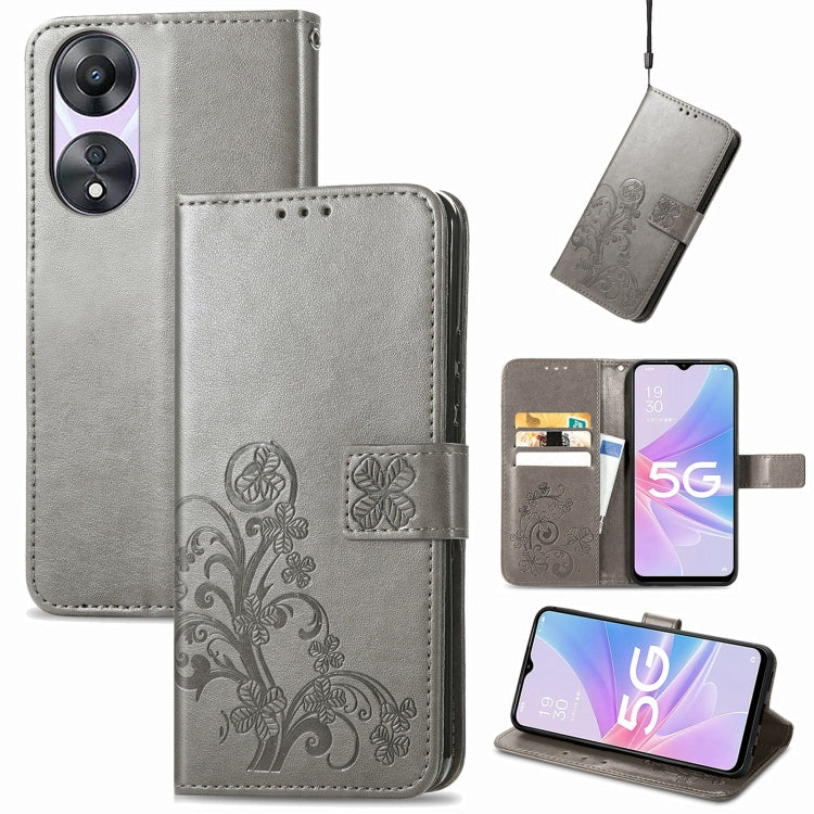 Embossed leather phone case with four-leaf clasp buckle, gray, card slots, flip cover